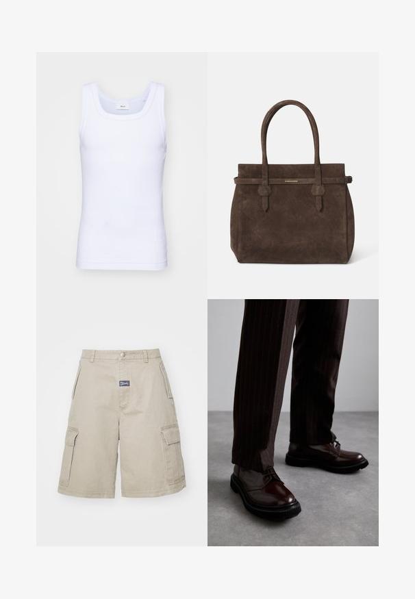 Valkoinen puuvillainen hihaton toppi, jossa on pyöreä pääntie. Topissa on sileä pinta ja se on muotoiltu istuvaksi, suunniteltu rentoon käyttöön.; MISBHV PERFECT - Shortsit - beige; Ruske nahkasaapad, joissa on kiiltävä pinta, musta kumipohja ja hienovarainen ompelu. Yhdistetty raitapolkkaisiin ruskeisiin housuihin.; Tummanruskea samettinen olkalaukku, jossa on kaksinkertaiset kahvat ja vaakasuuntainen hihna, jossa on pieni kultainen DSQUARED2-logo-plaatti.