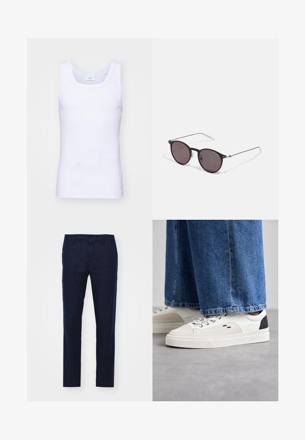 Weißes Baumwoll-Top ohne Ärmel mit rundem Ausschnitt, ausgestattet mit einer glatten Textur und einer figurbetonten Form, ideal für die Freizeit.; NN.07 THEO - Stoffhose - dark blue; Weiße und schwarze Sneaker mit einem Obermaterial aus glattem Leder, strukturierten Akzenten und einer massiven weißen Sohle. Verfügt über ein klassisches Schnürdesign.; Schwarze runde Sonnenbrille mit dunklen Gläsern und schlanken Metallbügeln. Enthält klare Tempelspitzen und silberne Akzente am Scharnier. Minimalistisches Design.