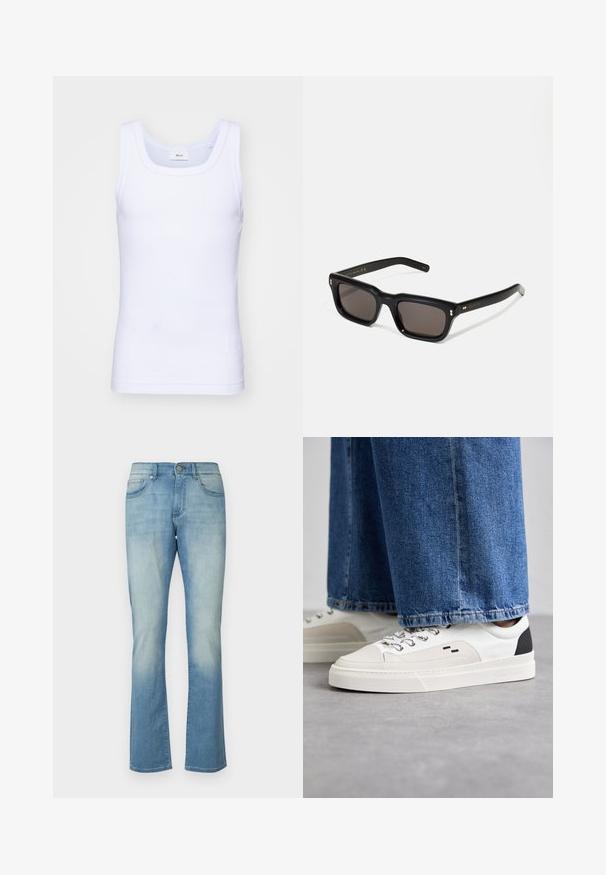 Hvit bomulls ermeløs tanktopp med rund hals, med en glatt tekstur og en tettsittende fasong, designet for hverdagsbruk.; Lyseblå denimjeans med vide ben, med fem lommer, knappelukk og subtile falmer langs lårene og knærne.; Hvite og svarte joggesko med en glatt læroverdel, teksturerte detaljer og en kraftig hvit såle. Har en klassisk snøring.; Sorte rektangulære solbriller med mørke linser, tykk plastikkramme, gullaccenter på skulderpartiet og merkevarelogo gravert på armen.