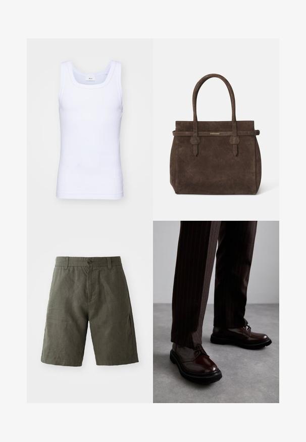 Balti medvilninė be rankovių marškinėliai su apvaliu iškirpimu, pasižymintys lygiu tekstūru ir prigludusia forma, skirti kasdieniam dėvėjimui.; Tamsiai žali lininiai šortai su mygtuku ir diržo kilpelėmis, tiesaus silueto ir lygaus paviršiaus.; Rudos odinės bateliai su raišteliais, blizgiu paviršiumi, juoda gumine absorbcija ir subtilia siūle. Dėvimi su rudos spalvos dryžuotomis kelnių.; Tamsiai ruda zomšinė rankinė su dviem rankenomis ir horizontaliu diržu, kuriame yra mažas auksinis DSQUARED2 logotipo ženklelis.