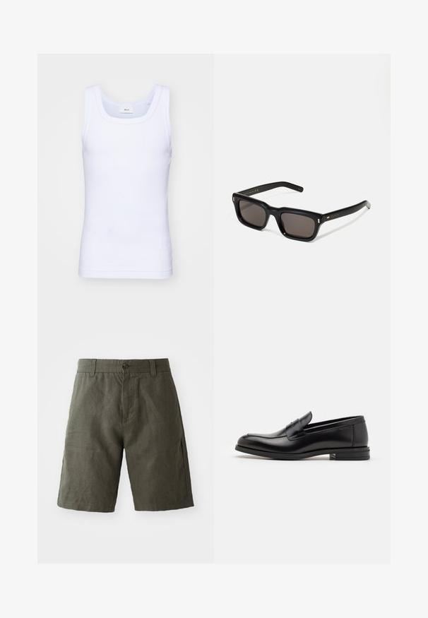 Witte katoenen mouwloze tanktop met een ronde halslijn, met een gladde textuur en een aansluitende pasvorm, ontworpen voor casual gebruik.; Donkergroene linnen shorts met een knoopsluiting en lussen voor een riem, met een recht model en een gladde textuur.; Zwarte leren instappers met een gladde textuur, ronde neus en een decoratieve band over de wreef. Lage, gestapelde hak en minimalistisch ontwerp.; Zwarte rechthoekige zonnebril met donkere lenzen, een dik plastic montuur, gouden accenten op de veren en het merkembleem gegraveerd op de arm.