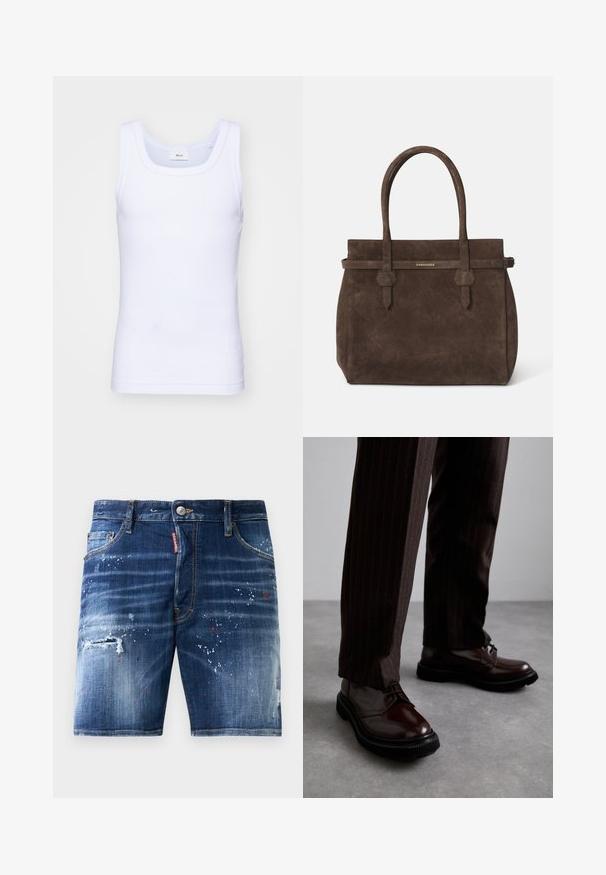 Valkoinen puuvillainen hihaton toppi, jossa on pyöreä pääntie. Topissa on sileä pinta ja se on muotoiltu istuvaksi, suunniteltu rentoon käyttöön.; Farkkuhousut, joissa on tumma sininen pesu, maalaustahroja, kulutettuja kohtia sekä vetoketjukiinnitys ja metallinen nappikiinnitys.; Ruske nahkasaapad, joissa on kiiltävä pinta, musta kumipohja ja hienovarainen ompelu. Yhdistetty raitapolkkaisiin ruskeisiin housuihin.; Tummanruskea samettinen olkalaukku, jossa on kaksinkertaiset kahvat ja vaakasuuntainen hihna, jossa on pieni kultainen DSQUARED2-logo-plaatti.