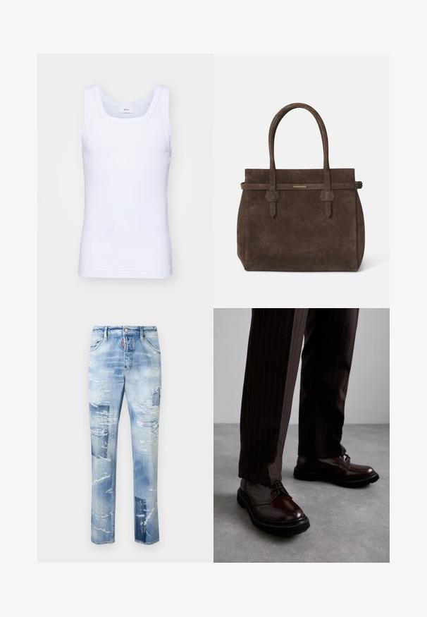 Fehér pamut ujjatlan trikó kerek nyakkivágással, sima textúrával és testhezálló fazonnal, amelyet hétköznapi viseletre terveztek.; Világoskék, koptatott farmernadrág, amelyen lyukak vannak, egyenes szárú dizájnnal és rojtos szegésekkel. Fém díszítőelemekkel és standard öt zsebes stílussal rendelkezik.; Barna bőrből készült, fényezett felületű, fűzős cipők, fekete gumitalppal és diszkrét varrásokkal. Csíkos barna nadrággal viselve.; Sötétbarna velúr tote táska dupla fogantyúval és vízszintes pánttal, melyen egy kis arany DSQUARED2 logo tábla található.