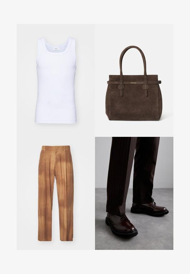 White cotton sleeveless tank top with a round neckline, featuring a smooth texture and a fitting shape, designed for casual wear.; Brown patterned trousers with a textured surface, featuring a loose fit and straight legs. The fabric has a subtle grid design.; Brown leather lace-up shoes with a glossy finish, black rubber sole, and subtle stitching. Worn with pinstriped brown trousers.; Dark brown suede tote bag with dual handles and a horizontal strap featuring a small gold DSQUARED2 logo plaque.