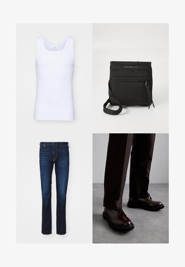 Camiseta sin mangas de algodón blanca con escote redondo, que presenta una textura suave y una forma ajustada, diseñada para el uso casual.; AG Jeans TELLIS MODERN - Vaqueros slim fit - viper; Zapatos de cuero marrón con cordones y un acabado brillante, suela de goma negra y costuras sutiles. Llevados con pantalones marrón de rayas.; Bolso bandolera negro de Emporio Armani con bolsillo frontal con cremallera, correa ajustable y detalle de logo en tejido texturizado.