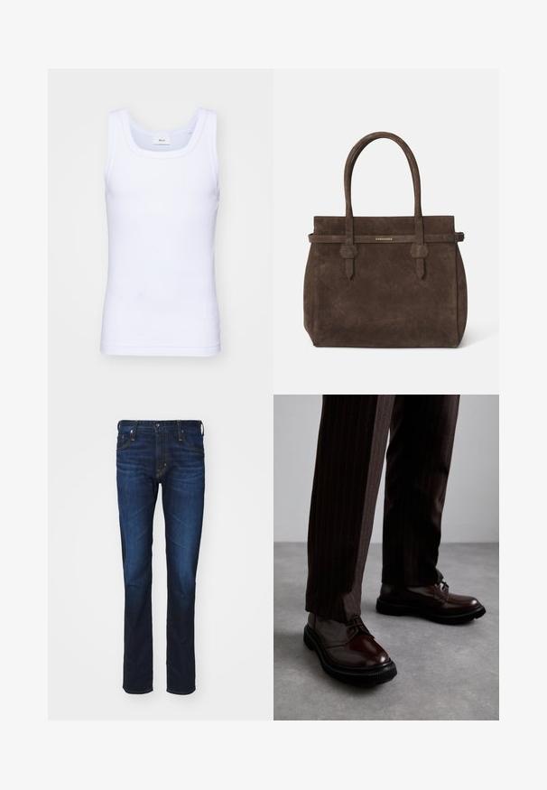 Valkoinen puuvillainen hihaton toppi, jossa on pyöreä pääntie. Topissa on sileä pinta ja se on muotoiltu istuvaksi, suunniteltu rentoon käyttöön.; AG Jeans TELLIS MODERN - Slim fit -farkut - viper; Ruske nahkasaapad, joissa on kiiltävä pinta, musta kumipohja ja hienovarainen ompelu. Yhdistetty raitapolkkaisiin ruskeisiin housuihin.; Tummanruskea samettinen olkalaukku, jossa on kaksinkertaiset kahvat ja vaakasuuntainen hihna, jossa on pieni kultainen DSQUARED2-logo-plaatti.