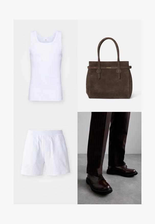 Biela bavlnená tielko bez rukávov s okrúhlym výstrihom, s hladkou textúrou a priliehavým strihom, navrhnuté pre neformálne nosenie.; Biele bavlnené šortky majú elastický pás, dve bočné vrecká a voľný strih. Hladká textúra bez viditeľných vzorov alebo akcentov.; Hnedé kožené šnurovacie topánky s lesklým povrchom, čierna gumová podrážka a jemné švy. Nosené s hnedými prúžkovanými nohavicami.; Tmavohnedá semišová taška s dvoma uchami a horizontálnym popruhom, ktorý obsahuje malú zlatú nášivku s logom DSQUARED2.