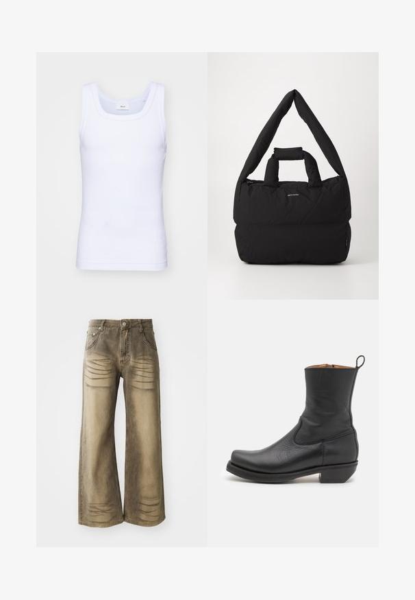 Balti medvilninė be rankovių marškinėliai su apvaliu iškirpimu, pasižymintys lygiu tekstūru ir prigludusia forma, skirti kasdieniam dėvėjimui.; Plačios kojos džinsai iš išblukusio rudos spalvos audinio, su nusidėvėjimo detalėmis, mygtuko uždarymu ir penkių kišenių dizainu. Lygus džinsinio audinio paviršius.; Juodas odinis kulkšninis botas su lygiu paviršiumi, siauru profiliu, šoninėmis siūlėmis ir žemu kvadratiniu kulnu. Yra užvilkimo kilpelė nugarinėje dalyje.; Juodas paminkštintas krepšys su plačia, minkšta petneša ir viršutine rankena. Sukurtas su užtrauktuku ir subtiliu logotipu priekyje.