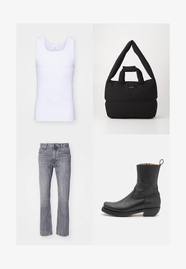 Camiseta sin mangas de algodón blanca con escote redondo, que presenta una textura suave y una forma ajustada, diseñada para el uso casual.; Pantalones vaqueros de mezclilla gris de pernera acampanada con un acabado deslavado, cinco bolsillos, cierre frontal con botón y pasadores para cinturón. Diseño clásico de pierna recta.; Botín negro de cuero hasta el tobillo con una textura suave, perfil esbelto, costuras laterales y un tacón cuadrado bajo. Cuenta con una lengüeta en la parte posterior.; Bolsa acolchada negra con una amplia y suave correa para el hombro y un asa en la parte superior. Presenta un cierre con cremallera y un logo sutil en la parte frontal.