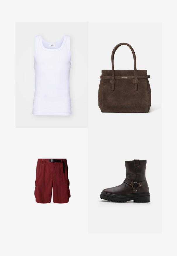 Weißes Baumwoll-Top ohne Ärmel mit rundem Ausschnitt, ausgestattet mit einer glatten Textur und einer figurbetonten Form, ideal für die Freizeit.; Bordeauxrote Cargo-Shorts mit elastischem Bund und verstellbarem Gürtel. Verfügt über zwei Seitentaschen zur Aufbewahrung. Hergestellt aus leichtem Stoff.; Braune Leder-Stiefelette mit quadratischer Zehenform, Schnallenakzenten und einer dicken schwarzen Sohle. Verfügt über einen seitlichen Reißverschluss und eine strukturierte Oberfläche.; Dunkelbraune Wildledertasche mit doppelten Griffen und einem horizontalen Riemen, der mit einem kleinen goldenen DSQUARED2-Logo-Plakette versehen ist.