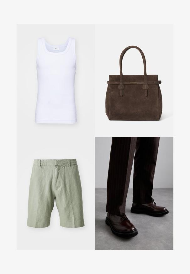 Balta kokvilnas bez piedurknēm tank top krekliņš ar apaļu kakla izgriezumu, ar gludu tekstūru un pieguļošu formu, paredzēts ikdienas valkāšanai.; Gaiši zaļi lina šorti ar brīvu piegriezumu, elastīgu jostasvietu un divām priekšējām kabatām. Gluda tekstūra un ikdienišķs dizains.; Brūni ādas šņorējami apavi ar spīdīgu apdari, melna gumijas zole un smalki satīti šuvumi. Valkāti ar svītrainām brūnām biksēm.; Tumši brūns zamšains somiņas ar divām rokturiem un horizontālu siksnu, kurai ir neliels zelta DSQUARED2 logotipa plāksne.