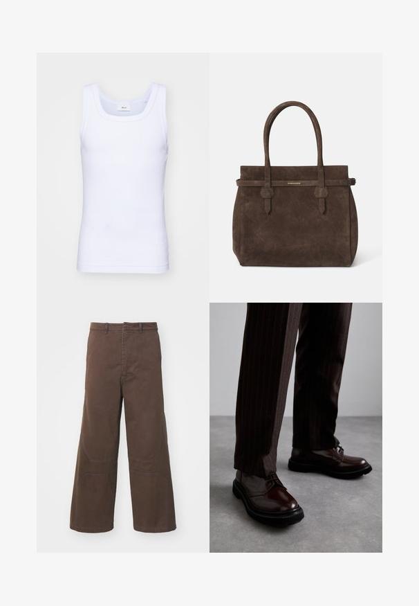 Canottiera bianca in cotone senza maniche con scollatura rotonda, caratterizzata da una texture liscia e una vestibilità aderente, progettata per l'abbigliamento casual.; Pantaloni a gamba larga marroni realizzati in cotone resistente. Presentano tasche frontali a toppa e dettagli rinforzati sulle ginocchia per una funzionalità aggiuntiva.; Scarpe stringate in pelle marrone con finitura lucida, suola in gomma nera e cuciture sottili. Indossate con pantaloni marroni a righe.; Borsa a spalla in suede marrone scuro con doppi manici e una tracolla orizzontale, dotata di una piccola placca con il logo DSQUARED2 in oro.