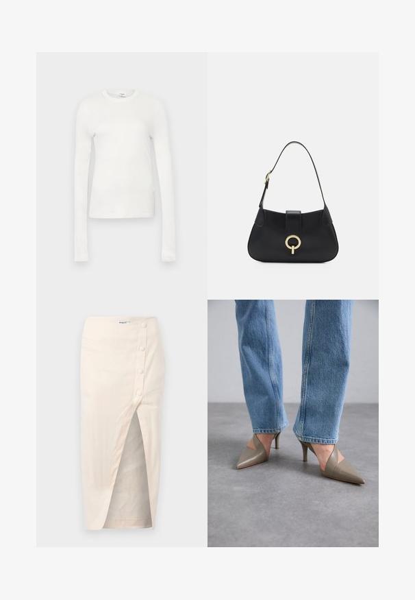 White long-sleeve t-shirt made of soft cotton. Features a round neckline, fitted silhouette, and smooth texture. No patterns or accents.; Beige linen midi skirt with a front slit, featuring a button closure on the left side and one pocket, smooth texture.; Grey pointed-toe heels with a v-shaped cutout design, featuring a slim stiletto heel. Worn with light blue straight-leg jeans.; Black leather handbag with a curved silhouette, short strap, central gold-tone hardware, and smooth texture. No visible patterns or accents.