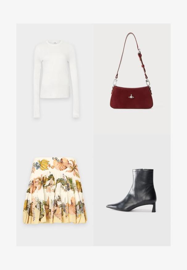 Tricou alb cu mânecă lungă, realizat din bumbac moale. Dispune de un gât rotund, o siluetă ajustată și o textură netedă. Fără modele sau accente.; Fustă din material floral imprimat în nuanță de crem, având ilustrații mari și colorate cu flori și fructe. Material moale, tiv ondulat și talie elastică.; Cizmă de gleznă din piele neagră cu vârf ascuțit și un design elegant. Dispune de un toc mic și de o închidere cu fermoar la spate. Textură netedă.; Geantă de umăr din suede roșu, cu o formă curbată. Are un accent de ton argintiu și o curea ajustabilă cu detalii din metal. Textură netedă.