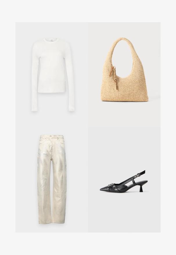 Hvid langærmet t-shirt lavet af blødt bomuld. Har rund halsudskæring, tætsiddende silhuet og glat tekstur. Ingen mønstre eller accenter.; Lys beige, vidde jeans med en metallisk glans, lavet af denim med en glat tekstur og et standard fem-lomme design.; Sort lædersandal med spids tå, dekorative stropper med metaløjer og en lav blokhæl. Struktureret overflade.; Vævet beige håndtaske med et buet håndtag, struktureret overflade og en brun frynse detalje. Har en afslappet, hobo-form.