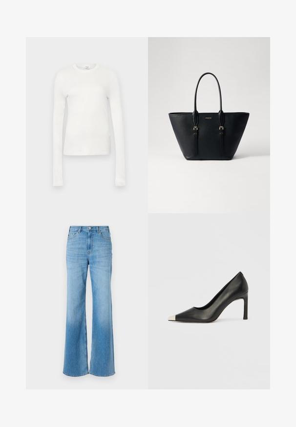 White long-sleeve t-shirt made of soft cotton. Features a round neckline, fitted silhouette, and smooth texture. No patterns or accents.; Light blue denim wide-leg jeans with a high waist, featuring stitched detailing and a button closure. Smooth texture and slight fade.; Black leather high heel shoe with a pointed toe and a metallic silver cap. Features a smooth finish and a slender 10 cm heel.; Black leather tote bag with textured finish, elongated shape, dual handles, and gold-tone hardware accents.