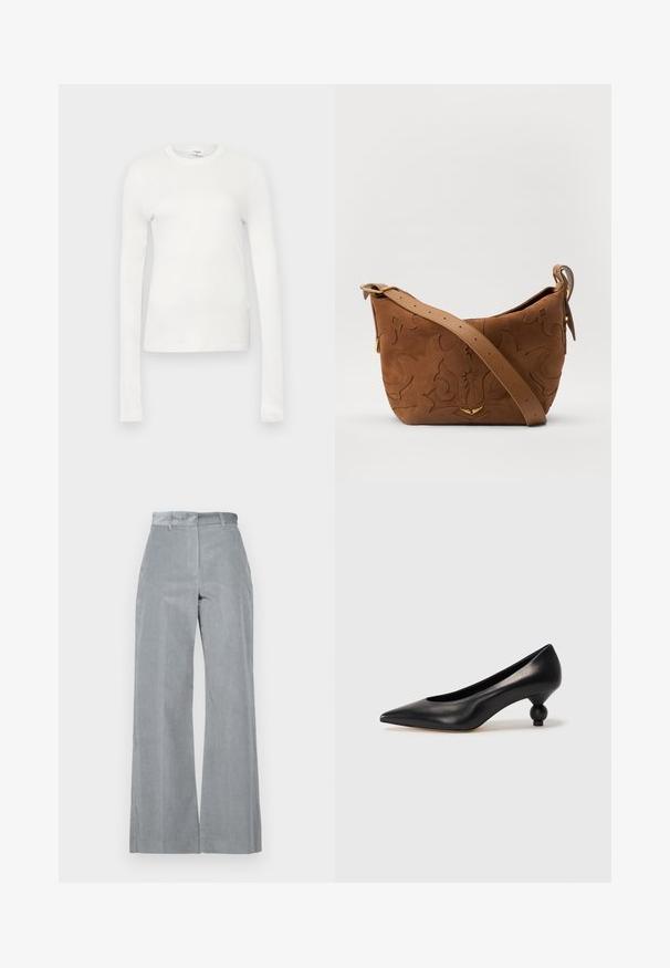 T-shirt à manches longues blanc en coton doux. Il présente un col rond, une silhouette ajustée et une texture lisse. Pas de motifs ni d'accents.; Weekend Max Mara TANIA - Pantalon classique - cielo; Chaussure à talon haut en cuir noir avec un bout pointu et un talon arrondi. Texture lisse avec un design épuré et minimal.; Sac à épaule en suede marron avec un motif floral en relief, complété par une bandoulière en cuir marron lisse et des accents en métal doré.