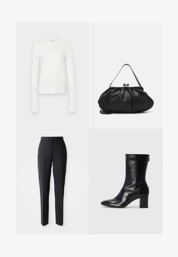 Balta ilgomis rankovėmis marškinėliai, pagaminti iš švelnaus medvilnės. Turi apvalią iškirptę, aptemptą siluetą ir lygų paviršių. Be raštų ar akcentų.; Juodos konfekuotos tiesios kojų kelnės su aukštu liemeniu ir priekinėmis raukšlėmis, pateiktos ant paprasto šviesaus fono.; Juodų odinių kulkšninių botų su smailiu nosiu ir 4 cm pločio bloku. Išskirtinis dizainas pasižymi šoniniu užtrauktuku, leidžiančiu lengvai apsiauti. Lygi tekstūra.; Juodas odinis rankinė su apvalia, raukšlėtą dizainą. Priedai metalinė užsegimas su dviem dekoratyvinėmis kamuoliukais ir plona, nuimama pakaba.