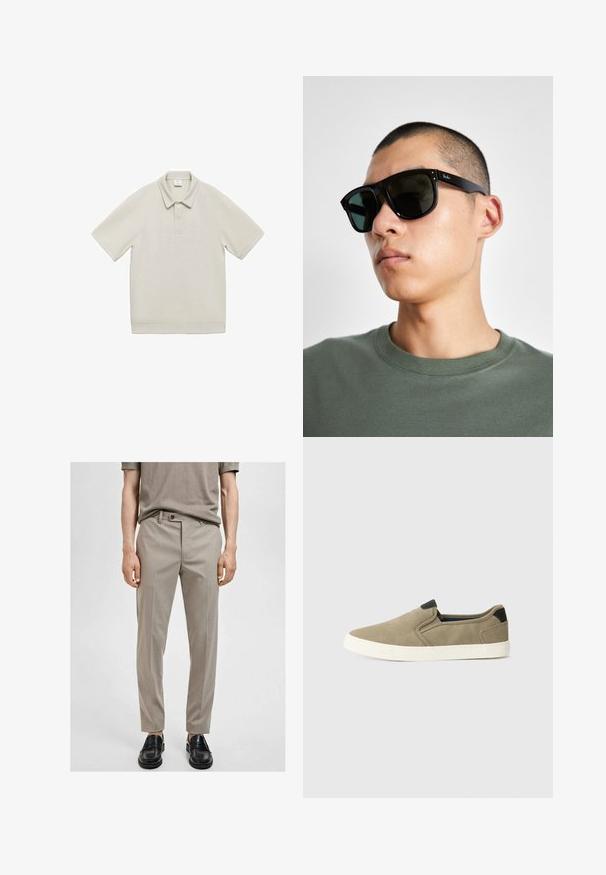 Mango Polo shirt - grey; Beige tailored pants with a smooth fabric, slim fit, and front crease. Paired with black loafers, showcasing a simple, modern design.; Taupe slip-on shoes with a textured fabric upper, contrasting black heel accent, and white rubber sole. Perforated design for breathability.; Black rectangular sunglasses with dark lenses, featuring a distinctive shape and branding on the temple. Worn by a person in a green shirt.