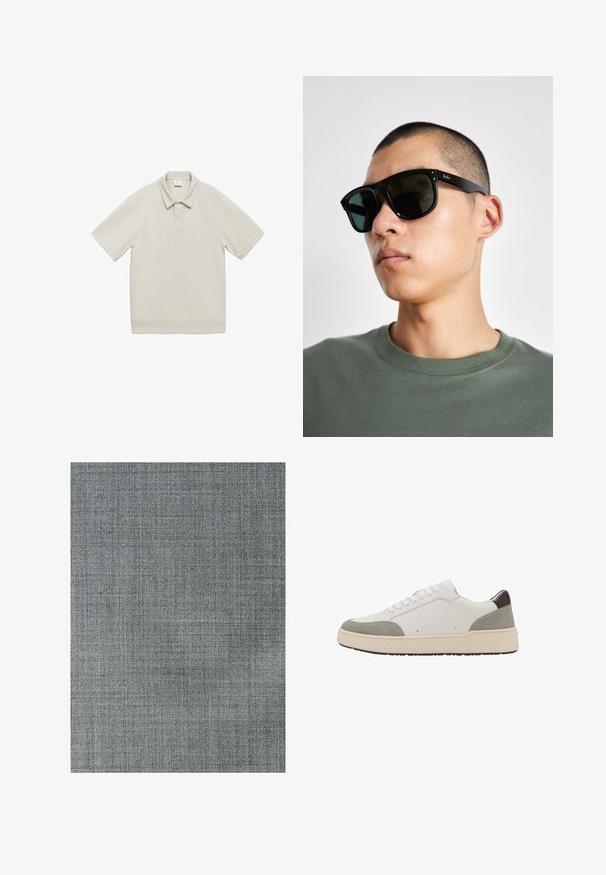 Mango Polo majica - grey; Sivovina z teksturirano, tkano vzorcem. Površina je gladka, z subtilnimi odtenki in fino mrežno strukturo.; Bela teniska z sivim semišem in temno rjavimi usnjenimi detajli. Ima sistem vezanja, zaobljen prst, debel bel gumijast podplat in minimalne šive.; Črne pravokotne sončna očala s temnimi lečami, ki imajo značilno obliko in blagovno znamko na ročaju. Nosijo jih oseba v zeleni majici.