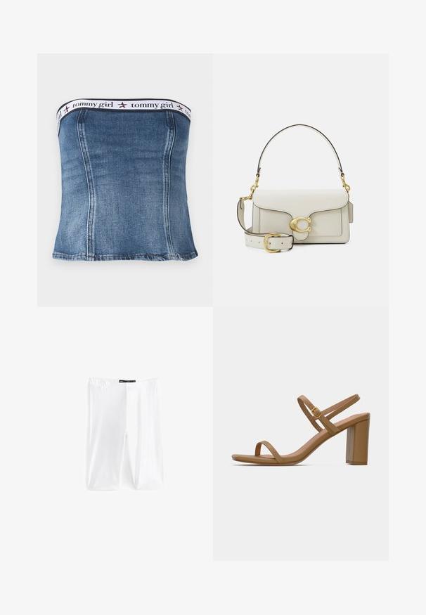 Jeans strapless top met een aansluitend ontwerp, voorzien van een witte elastische band met "tommy girl" branding en rode steraccenten nabij de bovenkant.; Witte legging gemaakt van rekbare stof, met een elastische tailleband en een gladde textuur. Geen patronen of aanvullende details zichtbaar.; Lichtbruine hoge sandalen met twee slanke riemen en een vierkante blokhak. Glad materiaal met een minimaal ontwerp en een klein gouden gespdetail.; Witte leren handtas met een gouden sluiting, zwarte accenten, een afneembare schouderriem en een gestructureerd ontwerp met een klepafsluiting.