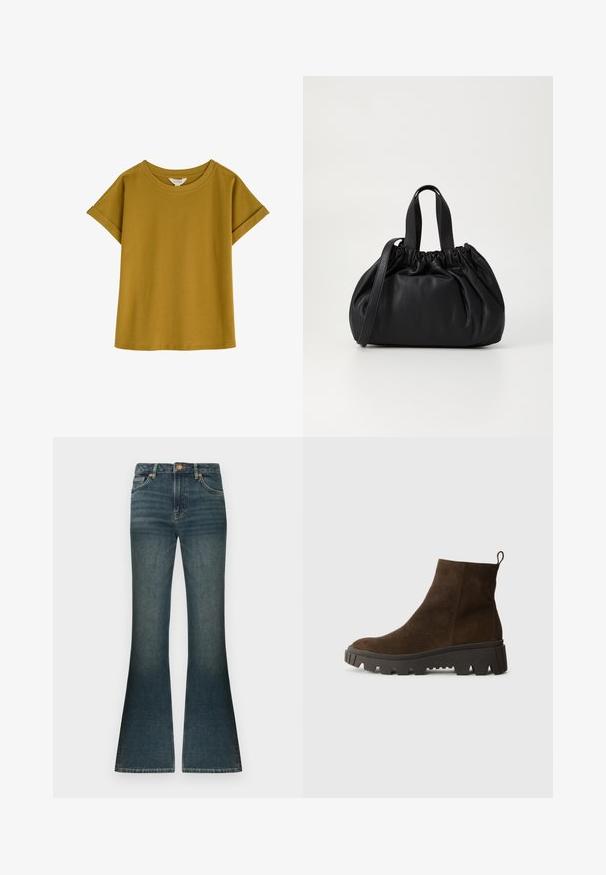 Sininen keltainen lyhythihainen t-paita pyöreällä kauluksella, käännetyillä hihoilla ja rentolla istuvuudella. Valmistettu pehmeästä ja teksturoidusta kankaasta.; Tummansiniset farkut, joissa on lievästi vaalennettu pinta, normaali vyötärö ja klassinen viiden taskun malli. Kuparinväriset yksityiskohdat.; Ruskoharmaa nahkasaapas nilkkoihin, jossa on paksu musta kumipohja, hieno korko ja vetotappi takana helppoa pukemista varten.; Musta nahkabag, jossa on kerätty yläosa. Varustettu kahdella lyhyellä kantokahvalla ja pitkällä säädettävällä hihnalla. Sileä pinta, pyöreä muoto.