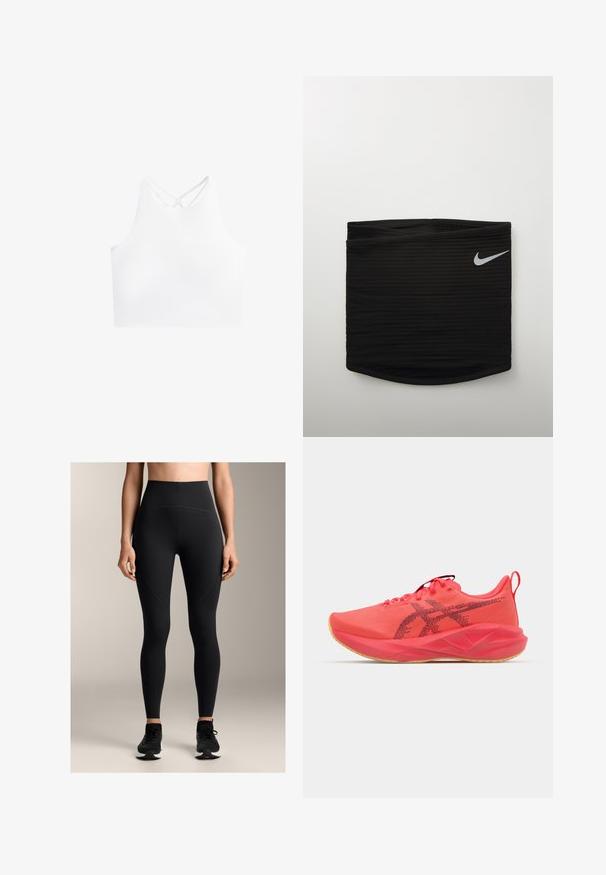 Bílý sportovní crop top s vysokým výstřihem a dvojitými křížovými ramínky na zádech, vyrobený z hladké a elastické tkaniny.; Černé legíny s vysokým pasem vyrobené z elastického materiálu, s hladkým povrchem, švy a přiléhavým střihem.; Jasně růžová sportovní obuv se syntetickým svrškem, gumovou podrážkou, polstrovaným límcem, síťovanou texturou a černými logovými akcenty podél strany.; Černý sportovní pásek s žebrovanou texturou, na pravé straně s malým bílým logem Nike swoosh. Hladký, přiléhavý design.