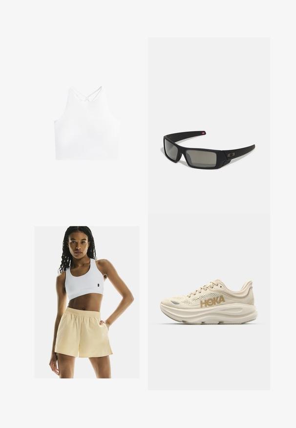 Valkoinen urheilullinen lyhyt toppi korkealla kauluksella ja kaksinkertaisilla ristikkäisillä hihnoilla selässä, jossa on sileä ja joustava kangastekstuuri.; Valkoinen urheiluliivi ja vaaleankeltaiset shortsit, joissa on joustava vyötärö, sileä pinta ja rento istuvuus sivutaskuilla.; Vaalea beige juoksukenkä, jossa on verkkomainen päällinen, pehmustettu kaulus, näyttävä "HOKA" -logo kullassa sekä paksu, pehmeä pohja mukavuutta varten.; Mustat aurinkolasit matta-pinnalla, suorakulmaiset linssit, hieman kaarevat tempaukset, hienovarainen logo-yksityiskohta ja savunväriset linssit.; Vaalea beige kangasta valmistettu ristiselkäbagi, jossa on poimutettu muotoilu, säädettävä hihna ja vetoketjukiinnitys. Pehmeä rakenne, pyöreä muoto ja minimalistinen tyyli.
