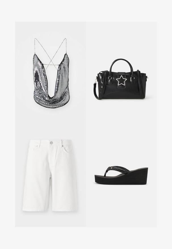 Sudraba spīdīgu sekvīnu topiņš ar dziļu V-veida izgriezumu un krustojošām ķēdes siksnām; tam ir spīdīga, atstarojoša virsma un plūstoša auduma dizains.; Baltie džinsi šorti ar piecu kabatu dizainu, ar priekšēju rāvējslēdzēju, poga aizdari un taisnu griezumu. Gluda tekstūra, līdz ceļiem.; Melni iešļūcenes ar austu siksnu dizainu, ar teksturētu virsmu un ērtu platformu. Nav redzamu zīmolu vai rotājumu.; Melnas somiņas, izgatavotas no mākslīgās ādas, ar sudrabainu zvaigznes akcentu, divām rokturiem un regulējamu plecu siksnu.