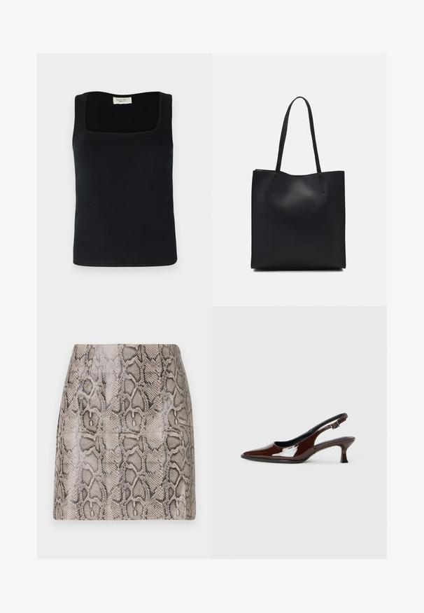Juoda be rankovių maikutė su kvadratiniu iškirpimu, pagaminta iš lygaus audinio. Paprasta dizaino, be matomų raštų ar akcentų.; Prisegta mini sijonas, pasižymintis blizgiu, tekstūruotu dirbtinio gyvatės raštu įvairių smėlio ir juodos spalvų atspalvių, su lygiu paviršiumi ir be matomų užsegimų.; Rudos lakuoti odiniai slingback batai su smailiu pirštu ir vidutinio aukščio kulnu. Yra sagties dirželis, užtikrinantis tvirtą prigludimą. Lygus paviršius.; Juodas odinis tote krepšys su lygia tekstūra, stačiakampio formos ir dviem ilgais rankenomis. Matomų metalinių detalių ar puošybos nėra.