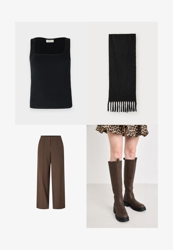 Juoda be rankovių maikutė su kvadratiniu iškirpimu, pagaminta iš lygaus audinio. Paprasta dizaino, be matomų raštų ar akcentų.; Rudos aukšto juosmens plačios kojų kelnes su priekine raukšle ir paslėptu priekiniu užtrauktuku.; Rudi iki keliai siekiantys batai su tekstūruota paviršiumi, turintys tvirtą juodą gumos padą ir šoninį užtrauktuką užsegimui.; Juodas šalikas, pagamintas iš minkštos medžiagos su lygiu tekstūru, su mazginėmis pakraštėmis ir stačiakampio formos.