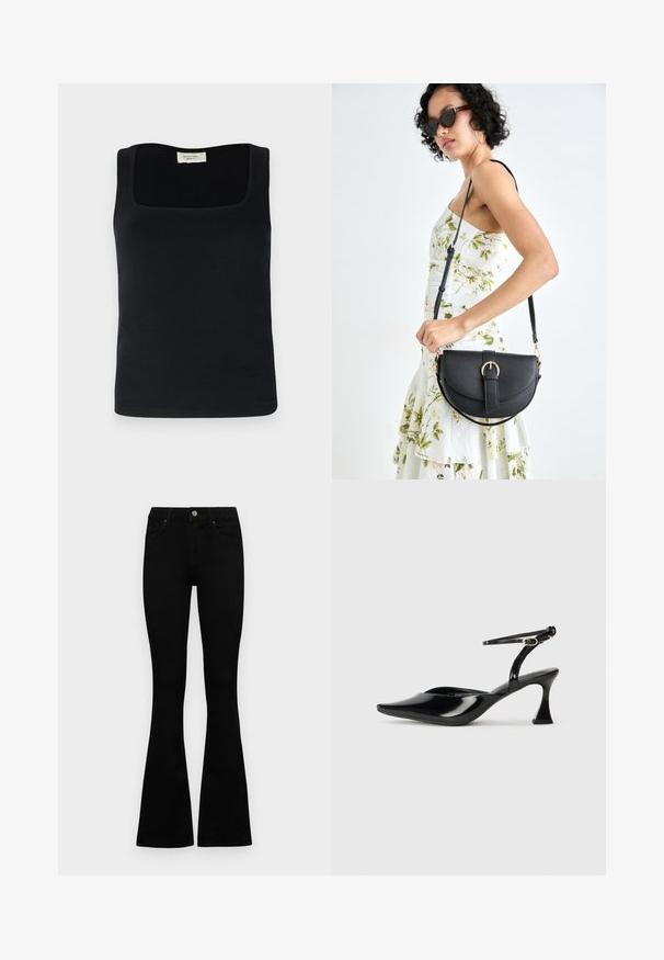 Débardeur noir sans manches avec un décolleté carré, fabriqué en tissu lisse. Design simple sans motifs ou accents visibles.; Jean noir taille haute avec fermeture à bouton et à zip, poches avant et jambes évasées, posés à plat sur un fond blanc.; Chaussure slingback en cuir verni noir avec un bout pointu et un talon sculpté unique. Elle dispose d'une fine bride de cheville avec une petite boucle en argent.; Sac à main en cuir noir avec une forme courbée, bandoulière amovible et des accessoires en or. Le sac est doté d'un rabat avec un détail de boucle.