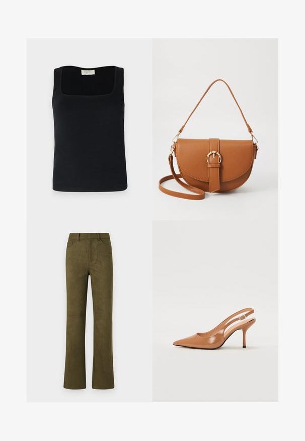 Crna bezrukava majica s kvadratnim izrezom, izrađena od glatkog materijala. Jednostavan dizajn bez vidljivih uzoraka ili ukrasa.; Hlače ravnog kroja od maslinasto zelene suede kože s petljama za remen, prednjim džepovima i jednim stražnjim džepom na običnoj bijeloj pozadini.; Sandal s petom u obliku šiljastog prsta od glatkog, sjajnog smeškastog materijala. Ima zakrivljeni izrez i vitku štiklu. Detalj s srebrnom kopčom.; Smeđa kožna torba preko tijela s zakrivljenim oblikom, zlatnim metalnim detaljima i naglaskom na kopču. Ima odvojivu naramenicu.