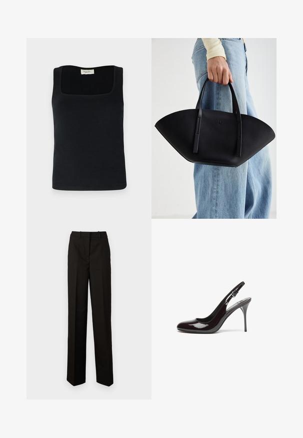Top negru fără mâneci, cu decolteu pătrat, realizat dintr-un material neted. Design simplu, fără modele sau accente vizibile.; Pantaloni negri, croiți, dintr-un material neted, având un design cu picior drept, două buzunare frontale și un antepână plat cu bucle pentru curea.; Tocuri din piele lăcuită de culoare burgundă, cu vârf rotund, toc înalt subțire și curea ajustabilă. Textură netedă cu finisaj lucios.; Geantă de piele neagră cu o formă unică de evantai, având mânere plate. Suprafața are o textură cu mici granule și un design minimalist.; Cercei din metal auriu, cu un design curbat și alungit. Au o suprafață netedă și strălucitoare, cu un vârf rotunjit pentru un detaliu suplimentar.