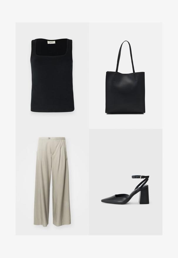 Black sleeveless tank top with a square neckline, made from smooth fabric. Simple design with no visible patterns or accents.; Light gray wide-leg trousers, featuring a textured fabric, pleats at the front, and a single button closure at the waistband.; Black leather pointy-toe pump with an ankle strap and a chunky heel. Flat texture, sleek design, and minimalistic aesthetics.; Black leather tote bag with smooth texture, rectangular shape, and two long handles. No visible hardware or embellishments.