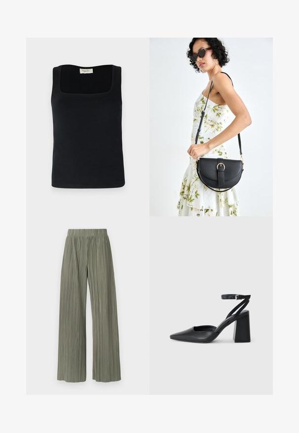 Top sin mangas negro con escote cuadrado, hecho de una tela suave. Diseño simple sin patrones ni acentos visibles.; Pantalones amplios de pernera ancha y plisados en verde, con una cinturilla elástica, que presentan pliegues verticales y una textura suave. La tela tiene un aspecto liso y fluido.; Zapato de tacón puntiagudo de cuero negro con tira en el tobillo y tacón ancho. Textura plana, diseño elegante y estética minimalista.; Bolso de piel negra con forma curva, correa desmontable y herrajes dorados. El bolso cuenta con una solapa con un detalle de hebilla.