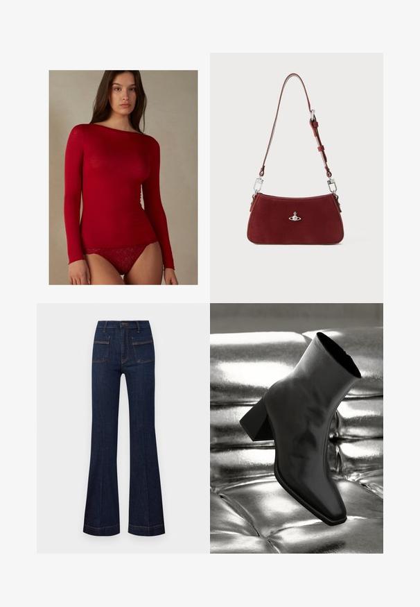 Intimissimi U-BOOT-AUSSCHNITT - Camiseta de manga larga - rosso; Jeans acampanados de denim oscuro con un ajuste entallado, cintura alta y costuras naranjas en contraste. Incluye dos bolsillos delanteros y traseros.; Botín negro de tobillo hecho de material brillante, con punta cuadrada y tacón cónico, contra un fondo plateado brillante con almohadillado.; Bolso de hombro de ante rojo con forma curvada. Presenta un acento en tono plateado y una correa ajustable con detalles de herrajes. Textura suave.