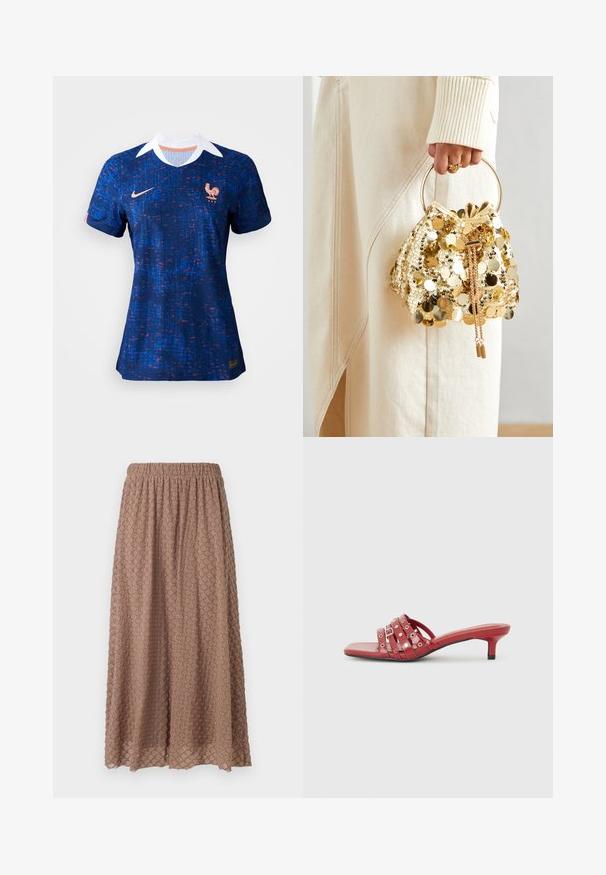 Blue soccer jersey with a textured design, featuring a white collar, Nike logo, and the French national team's rooster emblem.; Brown, knee-length skirt with an elastic waistband, textured fabric featuring a diamond pattern in a lighter tone, lightweight and flowy.; Red open-toe mules with a low heel, featuring multiple horizontal straps with circular accents. Smooth, glossy finish. Square toe shape.; Gold sequin drawstring handbag with a circular handle, featuring shiny round sequins and a textured fabric. Dimensions are not provided.