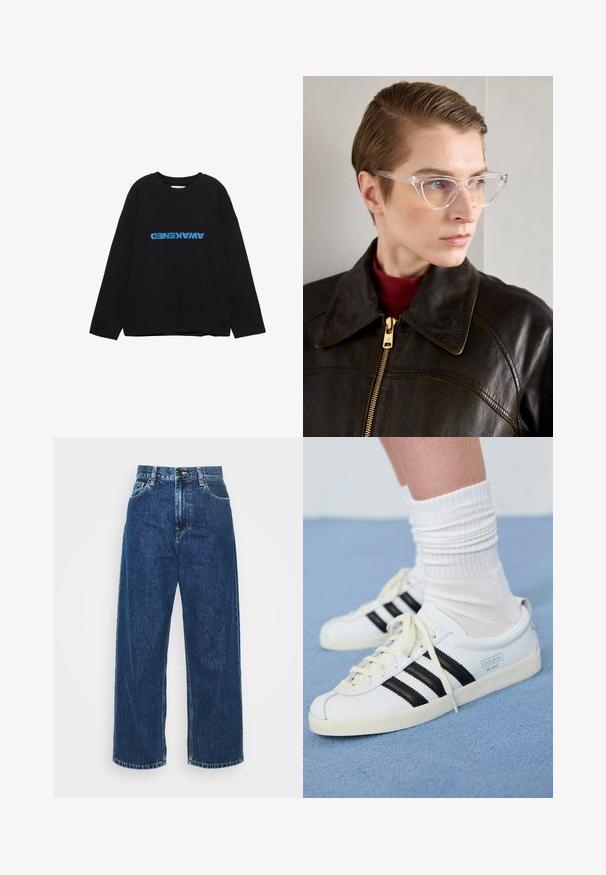 Fekete hosszú ujjú pamut póló, elöl vízszintesen, vastag kék betűkkel nyomtatva az "AWAKENED" szó.; Világoskék farmer széles lábú nadrág magas derékkal, látható varrással és standard zsebekkel. Gombos és cipzáros záródással rendelkezik.; Fehér bőr sportcipők fekete csíkokkal, krém színű talppal és világos fűzőkkel. Fehér bordázott zoknival viselve, kék háttér előtt.; Átlátszó acetát cica szemüveg sárga árnyalatú lencsékkel, sötét bőrkabátot és vörös garbót viselő személyen. Sima felület.