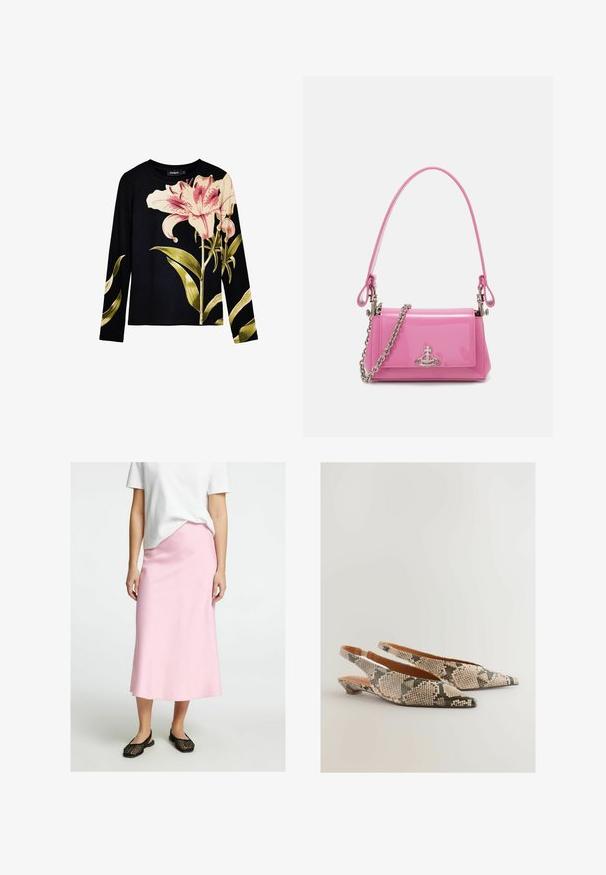 Mustapaita pitkissä hihoissa, jossa on ribbikuviointi, etupuolella suuria vaaleanpunaisia liljoja ja vihreitä lehtiä. Kevyt kangas.; Vaaleanpunainen midi-hame, joka on valmistettu sileästä kankaasta ja jossa on suora leikkaus. Yhdistetty mustiin kudottuihin slip-on-kenkiin. Valkoinen T-paita näkyy osittain.; Next REGULAR FIT FOREVER COMFORT POINT TOE - Takaa avoimet ballerinat - snake; Vaalea vaaleanpunainen lakattu nahkakäsilaukku, jossa on suorakulmainen muoto, irrotettava ketjun olkaimet ja hopeiset yksityiskohdat edessä.