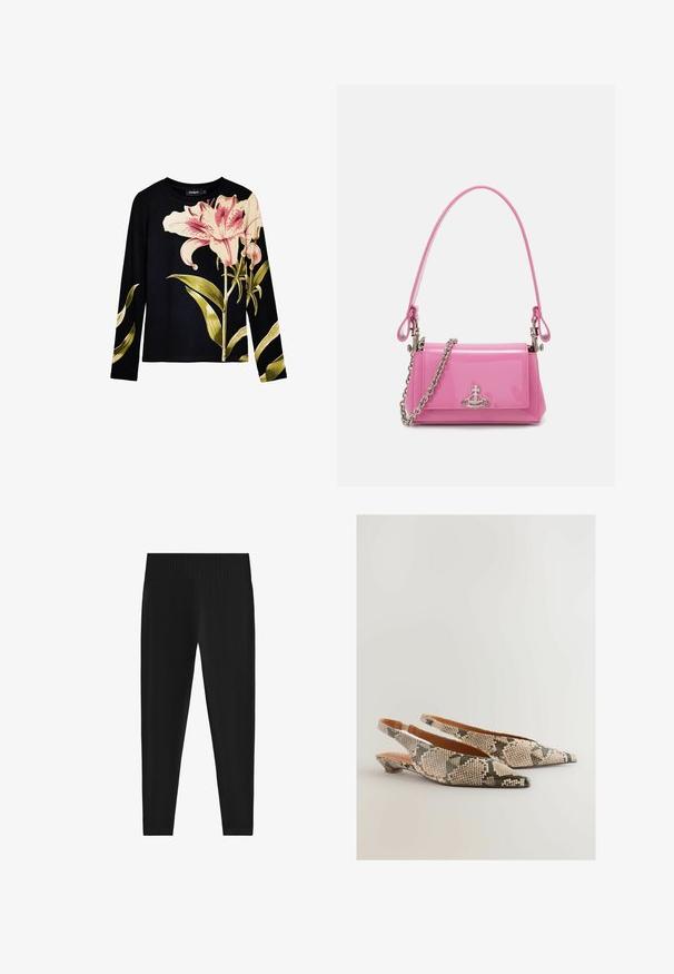 Top nero a maniche lunghe con trama a costine, caratterizzato da grandi gigli rosa e foglie verdi stampate sul davanti. Tessuto leggero.; Leggings neri realizzati in un tessuto elasticizzato. Presentano una vita ampia a costine e una silhouette aderente che si stringe alle caviglie.; Next REGULAR FIT FOREVER COMFORT POINT TOE - Ballerine sling - snake; Borsa a mano in pelle verniciata rosa con forma rettangolare, tracolla a catena removibile e dettaglio in hardware argentato sul davanti.