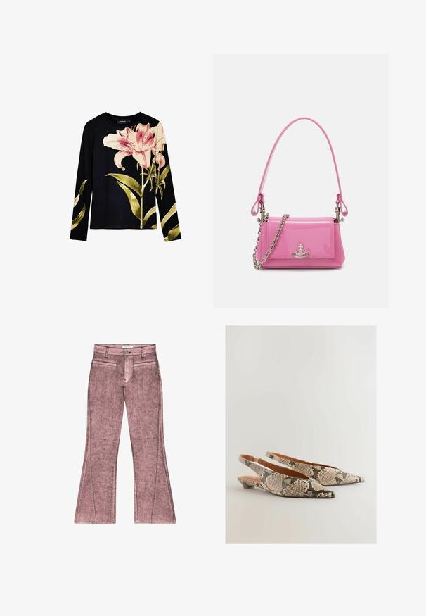 Top nero a maniche lunghe con trama a costine, caratterizzato da grandi gigli rosa e foglie verdi stampate sul davanti. Tessuto leggero.; Jeans a zampa d'elefante rosa con una texture sbiadita, dotati di due tasche frontali, chiusura con zip anteriore e cuciture decorative lungo le cuciture.; Next REGULAR FIT FOREVER COMFORT POINT TOE - Ballerine sling - snake; Borsa a mano in pelle verniciata rosa con forma rettangolare, tracolla a catena removibile e dettaglio in hardware argentato sul davanti.