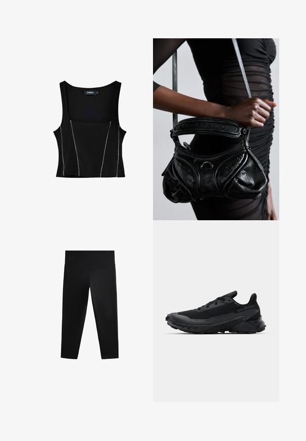 Haut sans manches noir avec un décolleté carré, présentant des coutures blanches contrastantes le long des coutures pour un détail visuel. Texture de tissu douce.; Leggings capri noirs en tissu extensible, avec une taille haute et une texture lisse. Pas de motifs ni d'embellissements visibles.; Baskets de course noires avec une semelle en caoutchouc texturé, un matériau supérieur respirant et des lacets plats. Elles présentent un talon de soutien et un design élégant.; Sac à main en cuir noir avec une texture perforée, un design incurvé et une poignée arrondie. Les accents incluent une pièce en métal circulaire brillante.