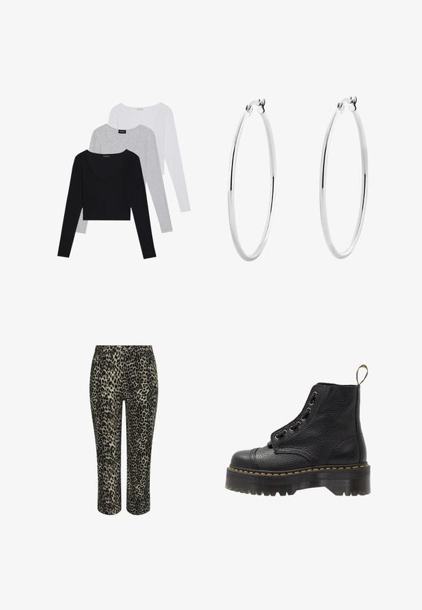 Tre långärmade toppar i svart, grått och vitt, med V-ringad hals och en kort design. Tillverkade av mjukt, lätt tyg.; Långbyxor med leopardmönster i mjukt tyg, med en svart och tan färgschema, en slät yta och figurnära design.; Svart läderankelboot med texturerad yta, rund tå, snörningsdesign, gul stygn och en tjock, mönstrad svart plattformssula.; Silverörhängen i ringform med en slät, polerad yta och en sömlös design, med rundade kanter och ett säkert lås.