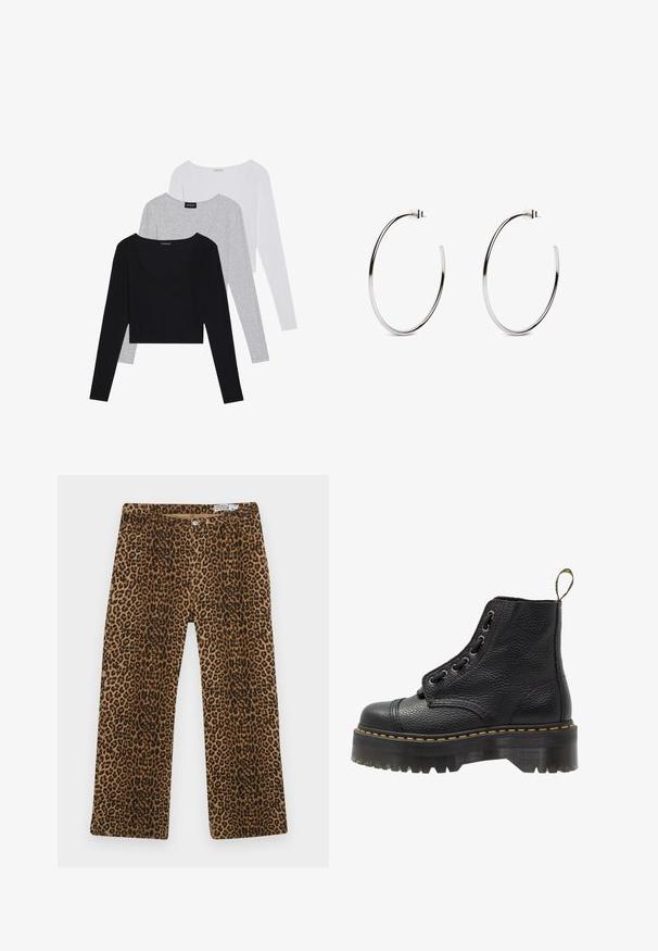 Tre magliette a maniche lunghe in nero, grigio e bianco, con scollatura a V e design cropped. Realizzate in tessuto morbido e leggero.; Pantaloni con stampa leopardata caratterizzati da un motivo marrone e nero, design a gamba dritta e stile classico a cinque tasche. Realizzati in tessuto misto cotone.; Stivale alla caviglia in pelle nera con superficie testurizzata, punta tonda, design con lacci, cuciture gialle e una suola piatta nera spessa e scanalata.; Orecchini a cerchio in argento con un design minimalista, caratterizzati da una forma circolare liscia e una finitura lucida, fissati da una chiusura a perno.