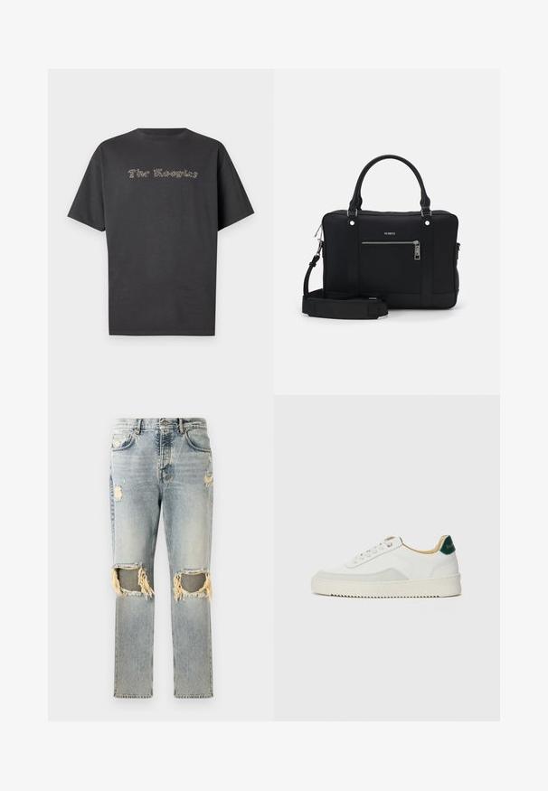 T-shirt de manga curta cinza escuro feito de algodão. Apresenta texto em relevo com a inscrição "The Kooples" numa cor contrastante. Design clássico de gola redonda.; Jeans de ganga azul claro com um corte descontraído, apresentando áreas desgastadas e recortes desfiados nos joelhos. Design clássico de cinco bolsos.; Tênis brancos com detalhes em camurça, bico arredondado, atacadores planos e sola de borracha creme. Apresenta uma marcação verde no calcanhar.; Bolsa tote sintética preta com duas alças, uma alça de ombro destacável, bolso frontal com zíper e detalhes em metal prateado.