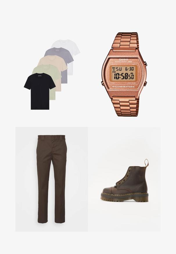 Sett med fem T-skjorter i svart, lys grønn, beige, lys lilla og hvit. Hver har rund hals og korte ermer, laget av bomull.; Brune bukser laget av slitesterk tøy, med rette ben, standard midje og sidelommer for funksjonalitet.; Brune lær ankle støvler med rund tå, kontrasterende gul sting, dekorative metal øsinger og en ribbet gummisål.; Digital Casio klokke med en roségull metallrem, rektangulært hus, belyst skjerm og vannmotstand, som viser tid og dato.