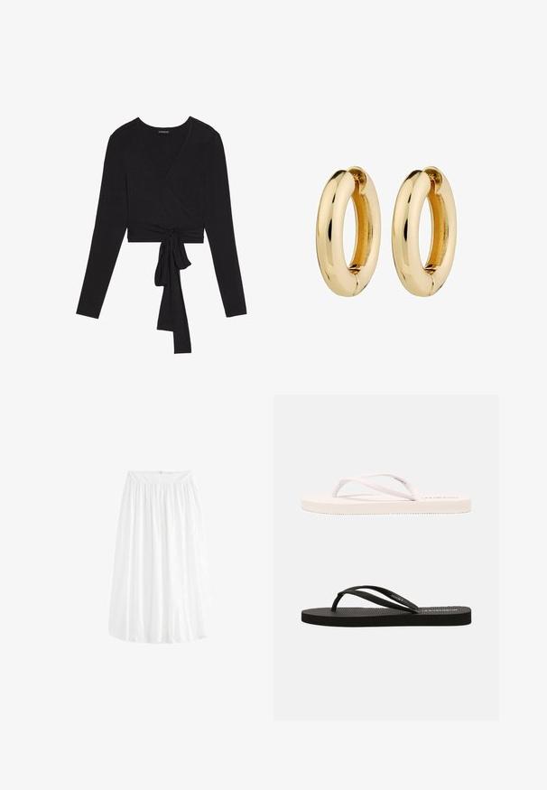 Even&Odd Top dugih rukava - black; Bijela suknja do koljena izrađena od lagane tkanine. Ima elastičnu narukvicu za prilagodljivo pristajanje i mekano pada.; Bijele i crne gumene japanke s teksturiranim udobnim podlogama, tankim trakama i kontrastnim bojama. Svaki par ima jednostavan dizajn i minimalno brendiranje.; Zlatne kružne naušnice s glatkom, poliranim površinom i zaobljenim oblikom. Unutarnji rub sadrži suptilnu procjepnu detalju za zakopčavanje.