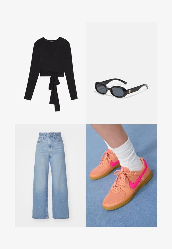 Even&Odd Långärmad tröja - black; Ljusblå högmidjade vida jeans med knapp- och dragkedjestängning, fram- och bakfickor, mot en vit bakgrund.; Rosa och orange sneaker med ovandel i läder och tyg, rund tå, gummisula och rosa Nike-logotyp, placerad på en blå yta.; Svarta ovala solglasögon med mörka linser, blank plastbåge, breda skaft och en liten guldkant på en sida.; Svart lädervävd toteväska med en avslappnad form och bred axelrem. Har en strukturerad, flätad design med en slät yta.