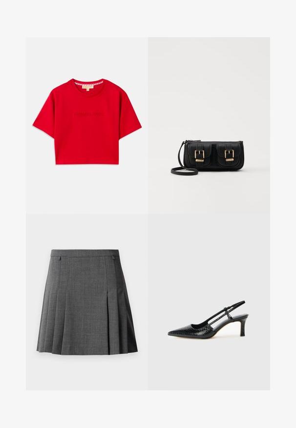 Camiseta recortada roja de algodón, con un cuello redondo acanalado y el logotipo en relieve "MICHAEL KORS" en la parte frontal. Mangas cortas.; Falda gris con pliegues y cintura ajustada, confeccionada en una tela suave y de peso medio.; Tacón slingback negro de charol con punta afilada, que presenta un estampado de serpiente texturizado, correa ajustable y un tacón bloque corto y texturizado.; Bolso cruzado de cuero negro con dos bolsillos frontales, hebillas doradas, cierre de cremallera y una correa delgada. Superficie texturizada y forma rectangular compacta.